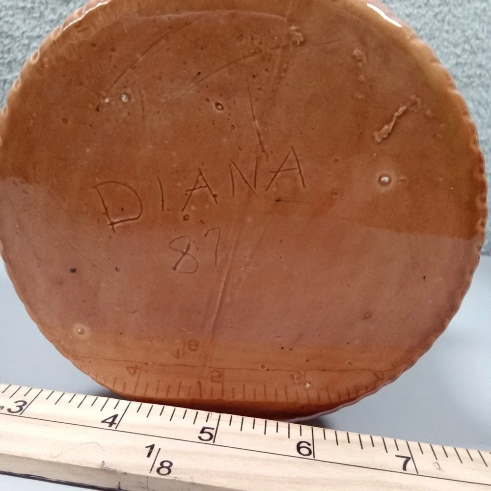 Vintage Signed Diana 87 Ceramic Basketweave Decorative‎ Basket Brown Glaze 6.5in